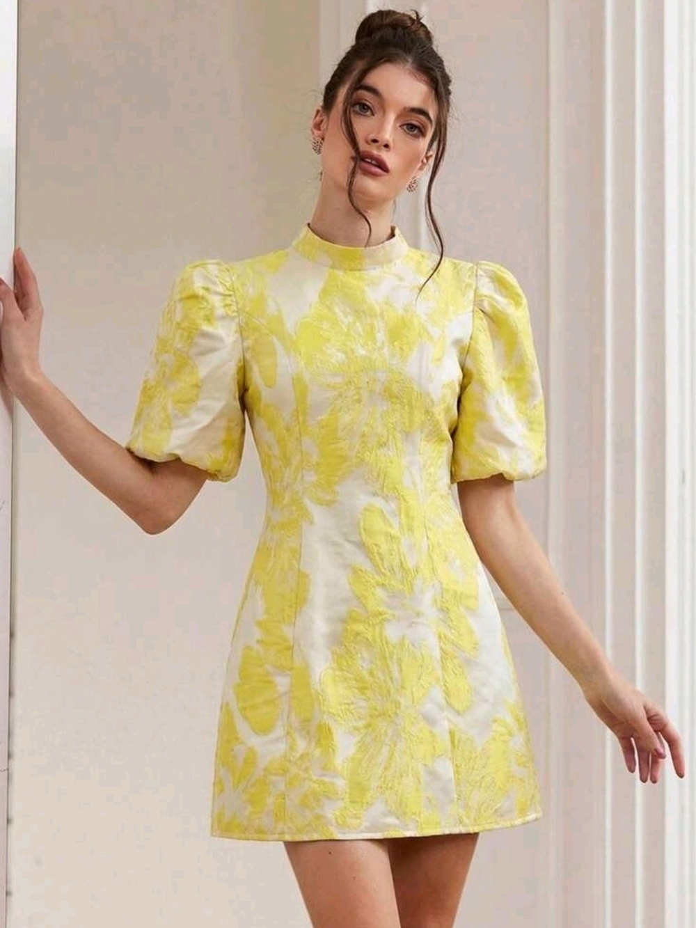 Yellow Floral Puff-Sleeve Mini Dress